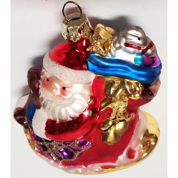 Christmas Ornament Santa Sleigh Sack of Toys & Presents Glass Gold Sparkling - Picture 3 of 9